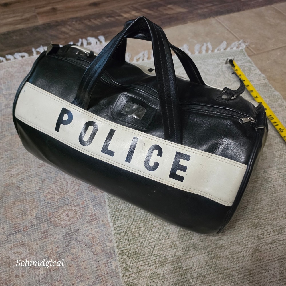Vintage Police Duffel Bag Black Faux Leather Retro Barrel Gym Travel Bag